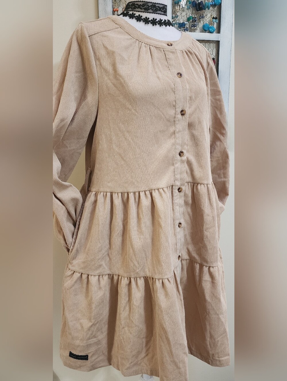 Simply Southern Tan/Beige Corduroy Button Up Long Sleeve Dress Size M